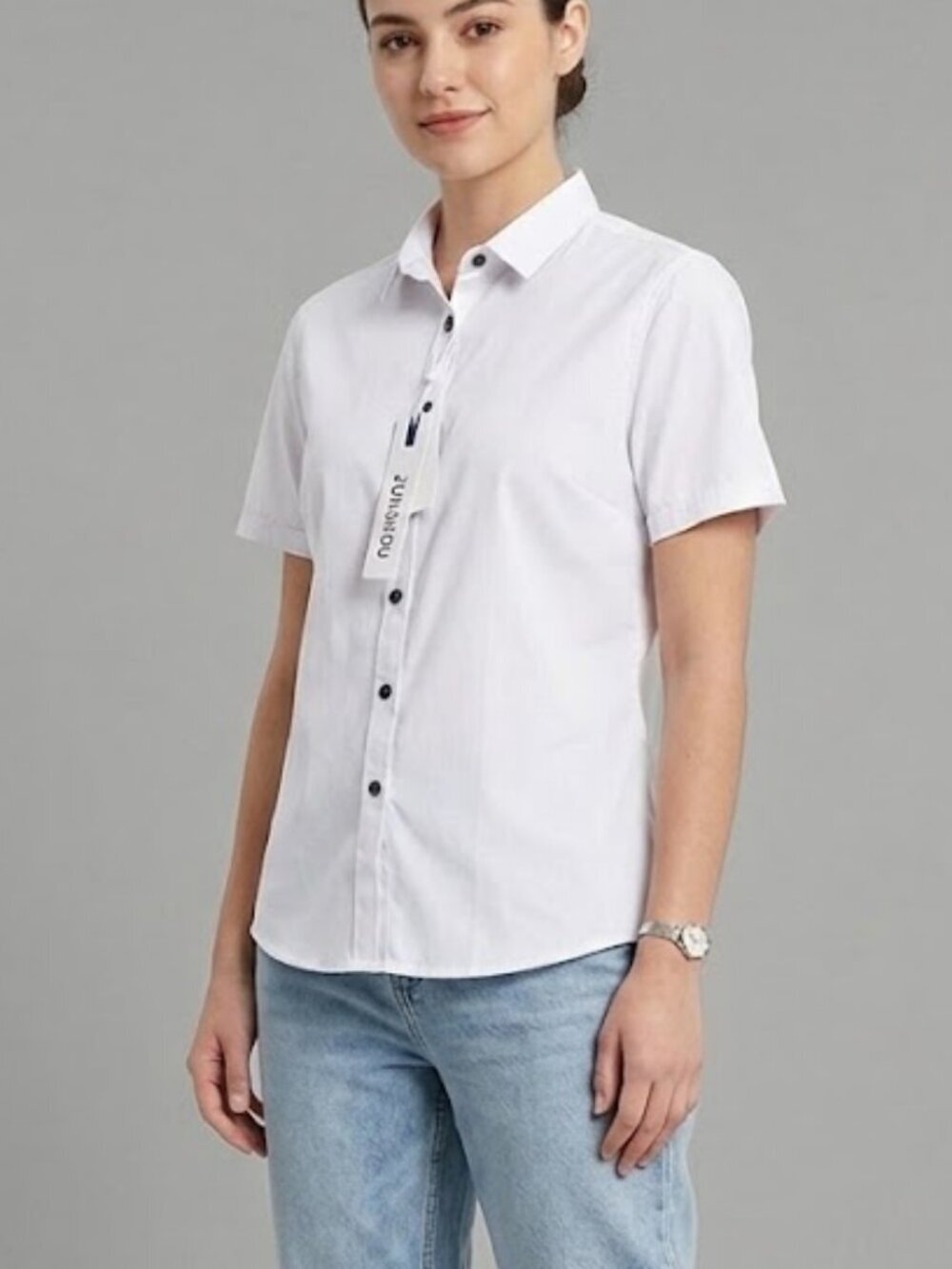 NWT Zunshou Women's Classic White Short Sleeve Button-Down Blouse